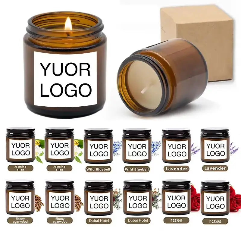 A collection of small glass jars containing scented soy wax candles with various labels like Jasmine, Wild Bluebell, and Rose