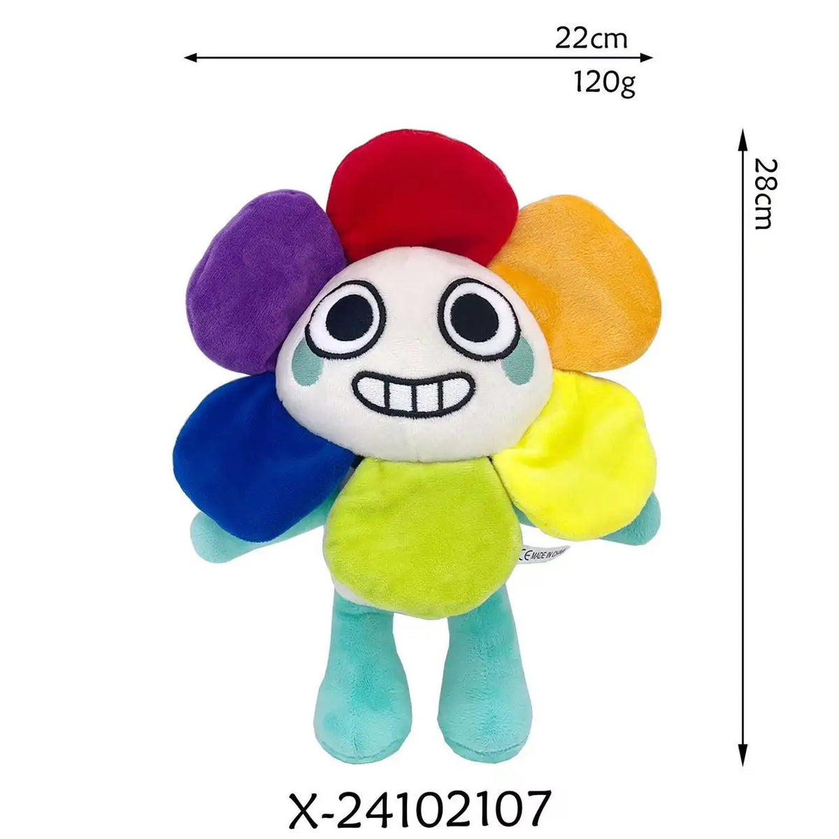 A colorful plush toy resembling a stylized character with a round head and body, featuring purple, red, yellow, and blue acce