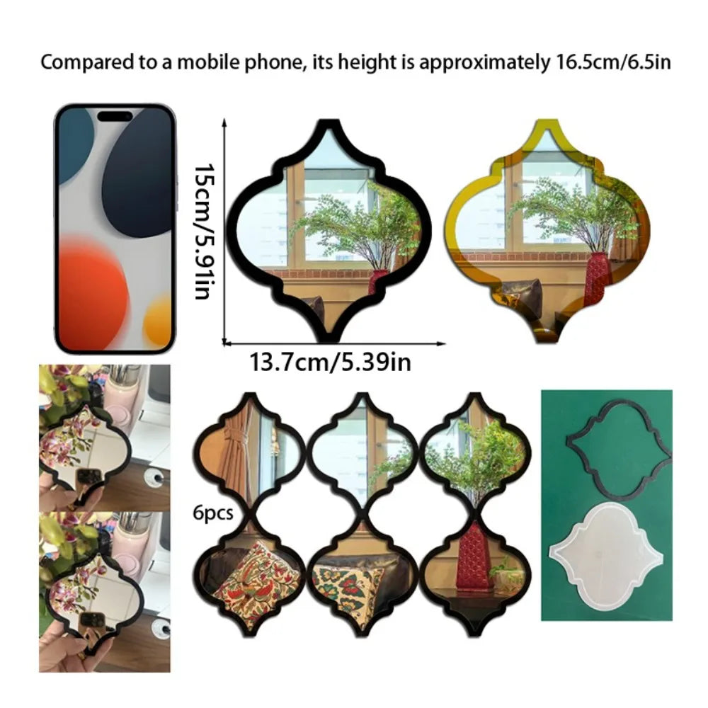 Moroccan acrylic mirror wall stickers showing various decorative shapes and sizes.