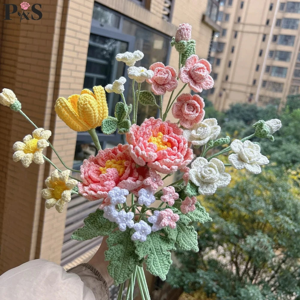 Handmade crochet flower bouquet featuring pink, yellow, and white peony, tulip, and rose decorations