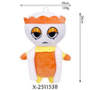A white and orange plush toy resembling a stylized character with large yellow eyes.