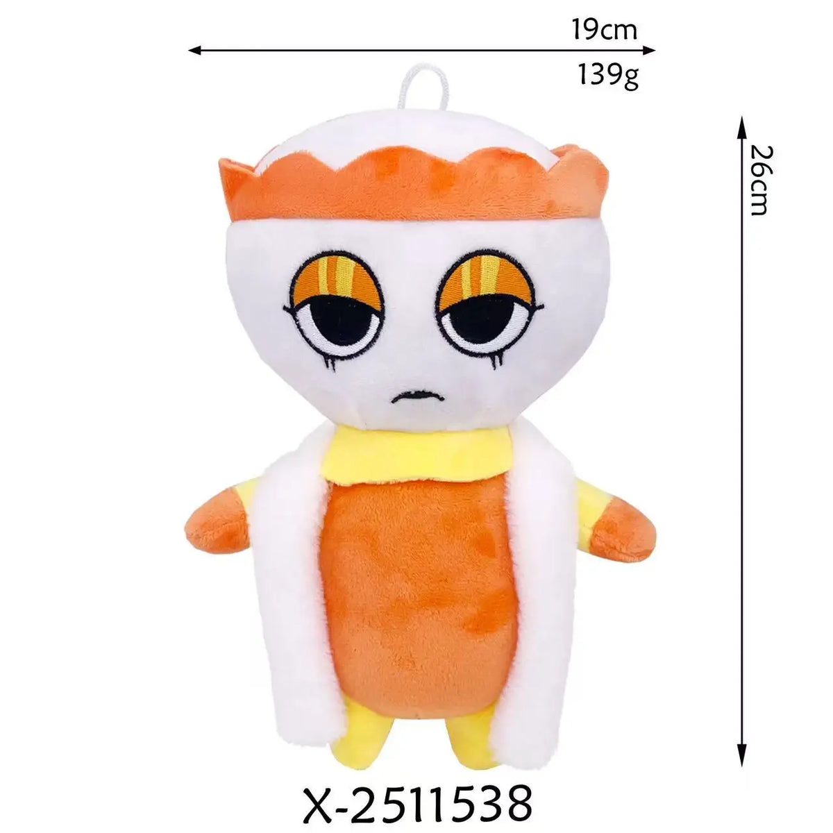 A white and orange plush toy resembling a stylized character with large yellow eyes.