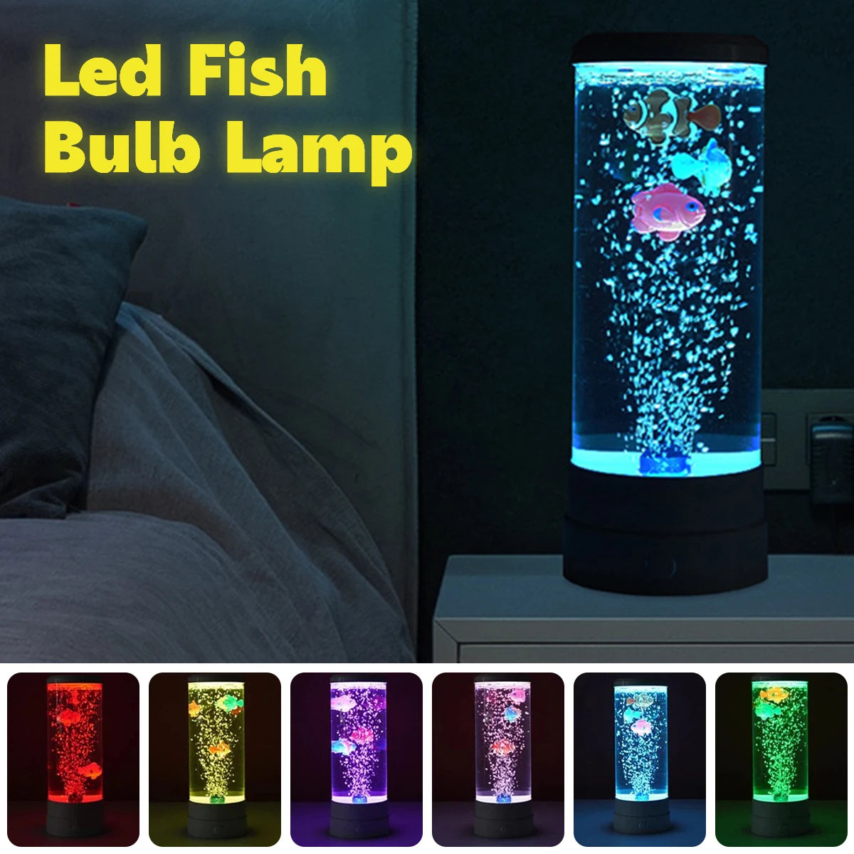 Various color-changing LED fish lamps displayed in different colors and angles.