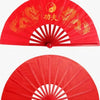 Red traditional bamboo folding fan with gold dragon designs for martial arts and fitness