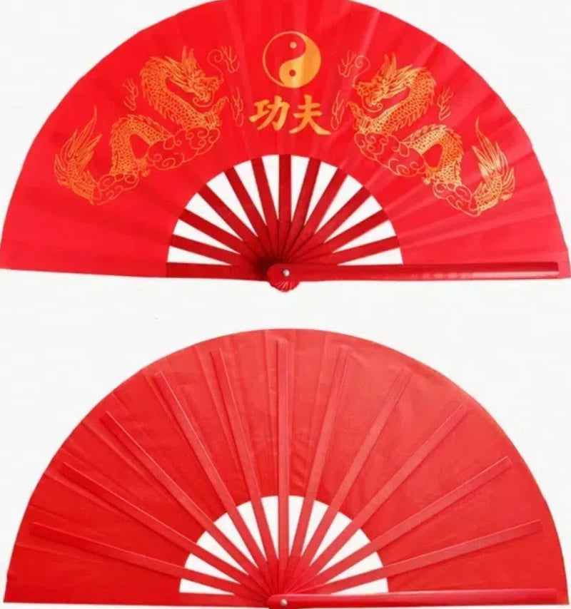 Red traditional bamboo folding fan with gold dragon designs for martial arts and fitness