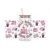 A glass jar filled with pink and white decorative stickers featuring a goose character and book club theme