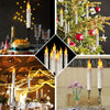 A festive holiday scene featuring tall white taper candles lit with a warm glow, set against a Christmas tree and decorative 
