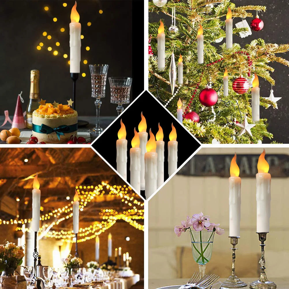 A festive holiday scene featuring tall white taper candles lit with a warm glow, set against a Christmas tree and decorative 