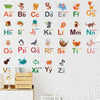 A wall display featuring colorful cartoon animals arranged in alphabetical order for learning