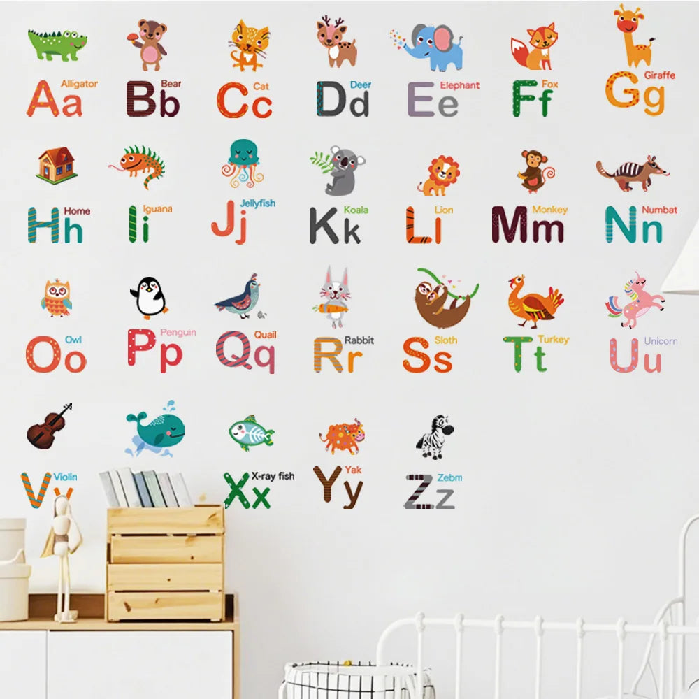 A wall display featuring colorful cartoon animals arranged in alphabetical order for learning