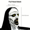 A realistic horror nun latex mask shown in a close-up profile view.