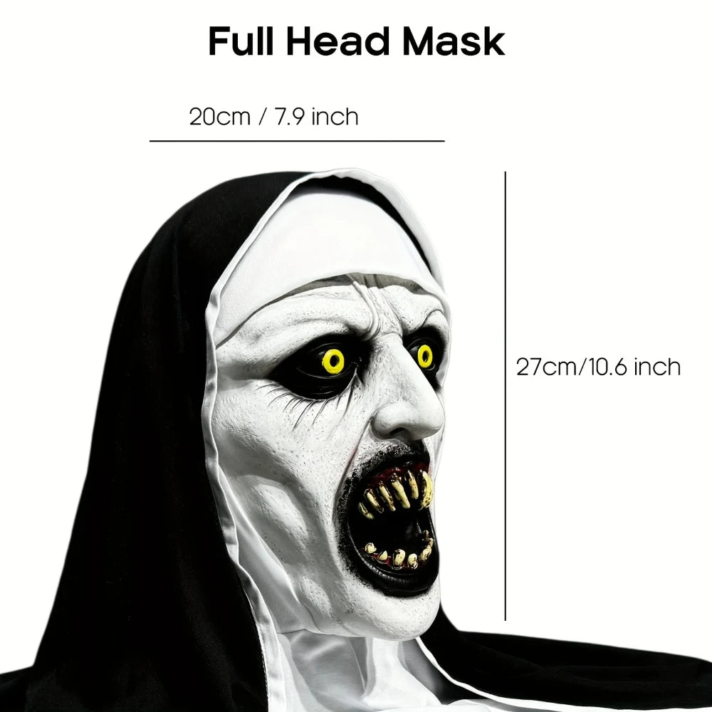 A realistic horror nun latex mask shown in a close-up profile view.