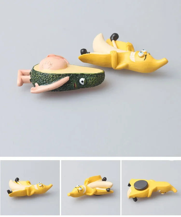 A set of cute 3D fridge magnets featuring a banana and an avocado fruit design.