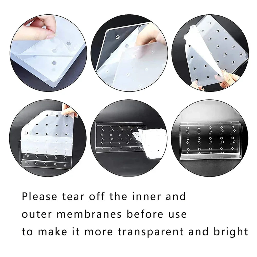 Various views of a clear acrylic 15-hole cake lollipop display stand with inner and outer membranes.