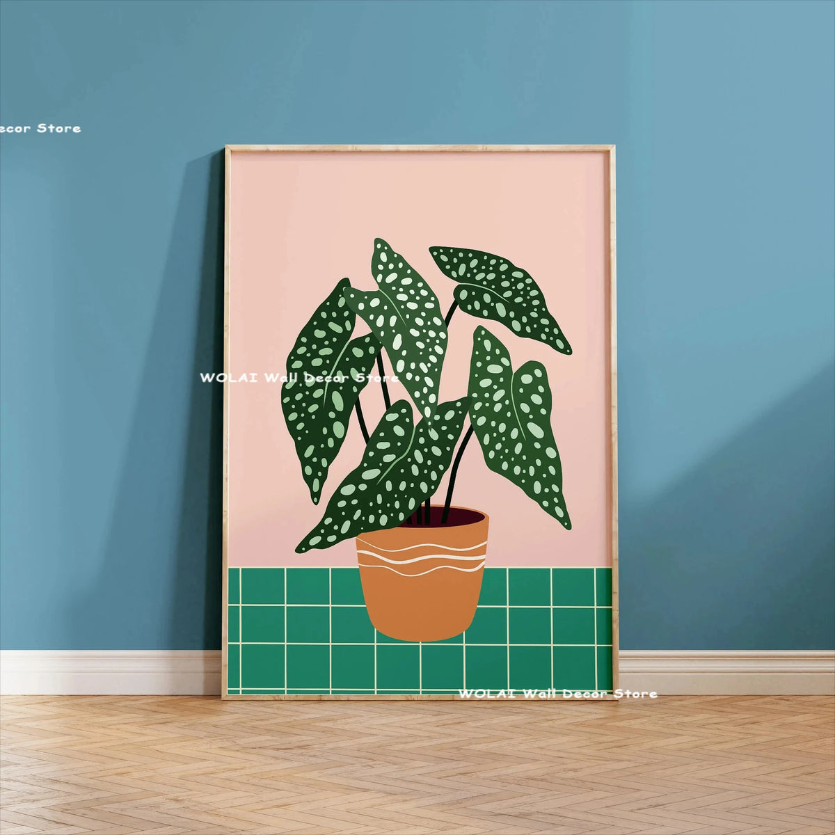 Botanical philodendron canvas wall art featuring a green plant in an orange pot on a light pink background.