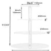 A clear acrylic three-tier cupcake stand with measurements showing dimensions for ordering.