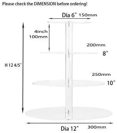 A clear acrylic three-tier cupcake stand with measurements showing dimensions for ordering.