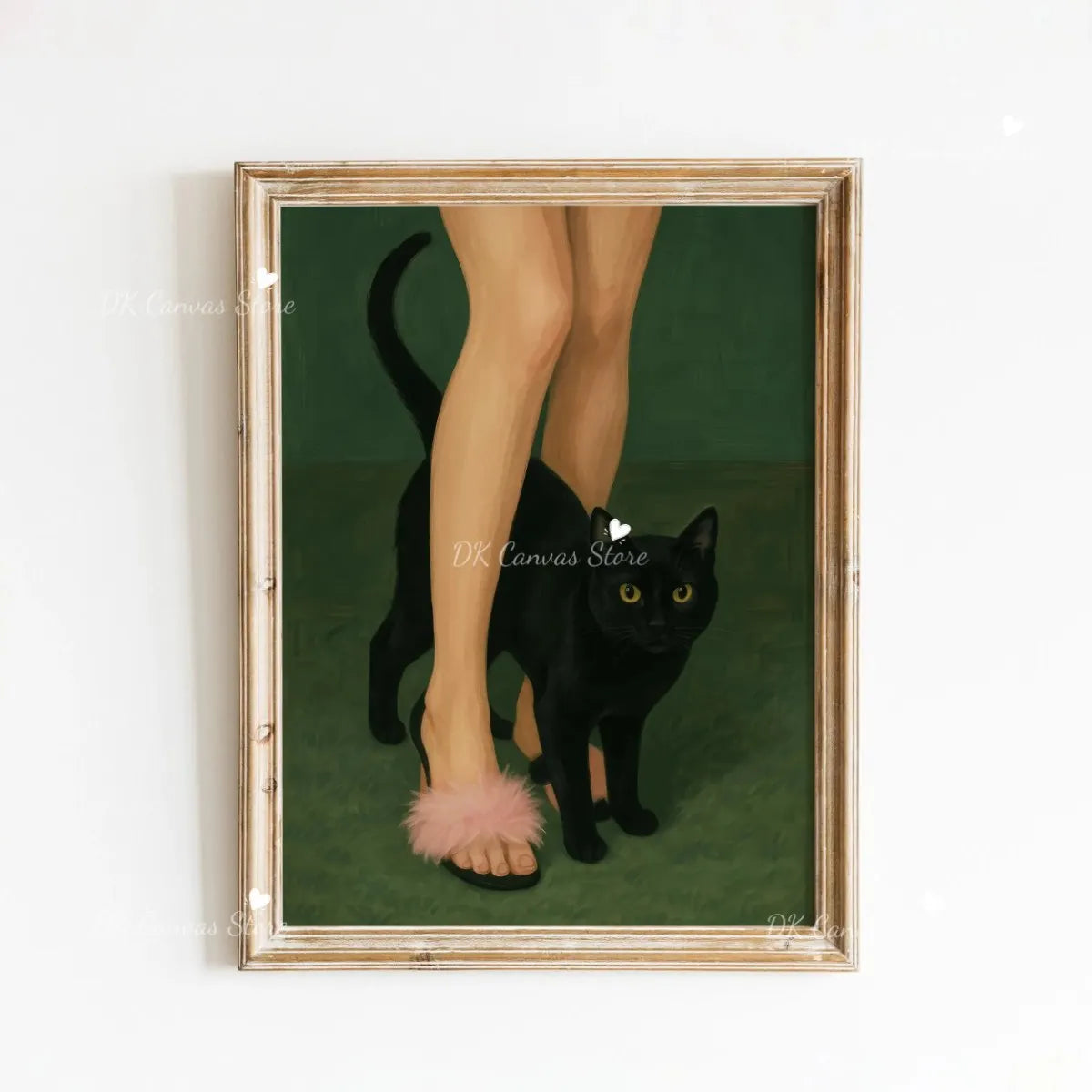 A framed canvas art print featuring a black cat with pink paws standing on green grass.