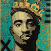 A portrait of Tupac Shakur wearing a golden crown against a teal background.