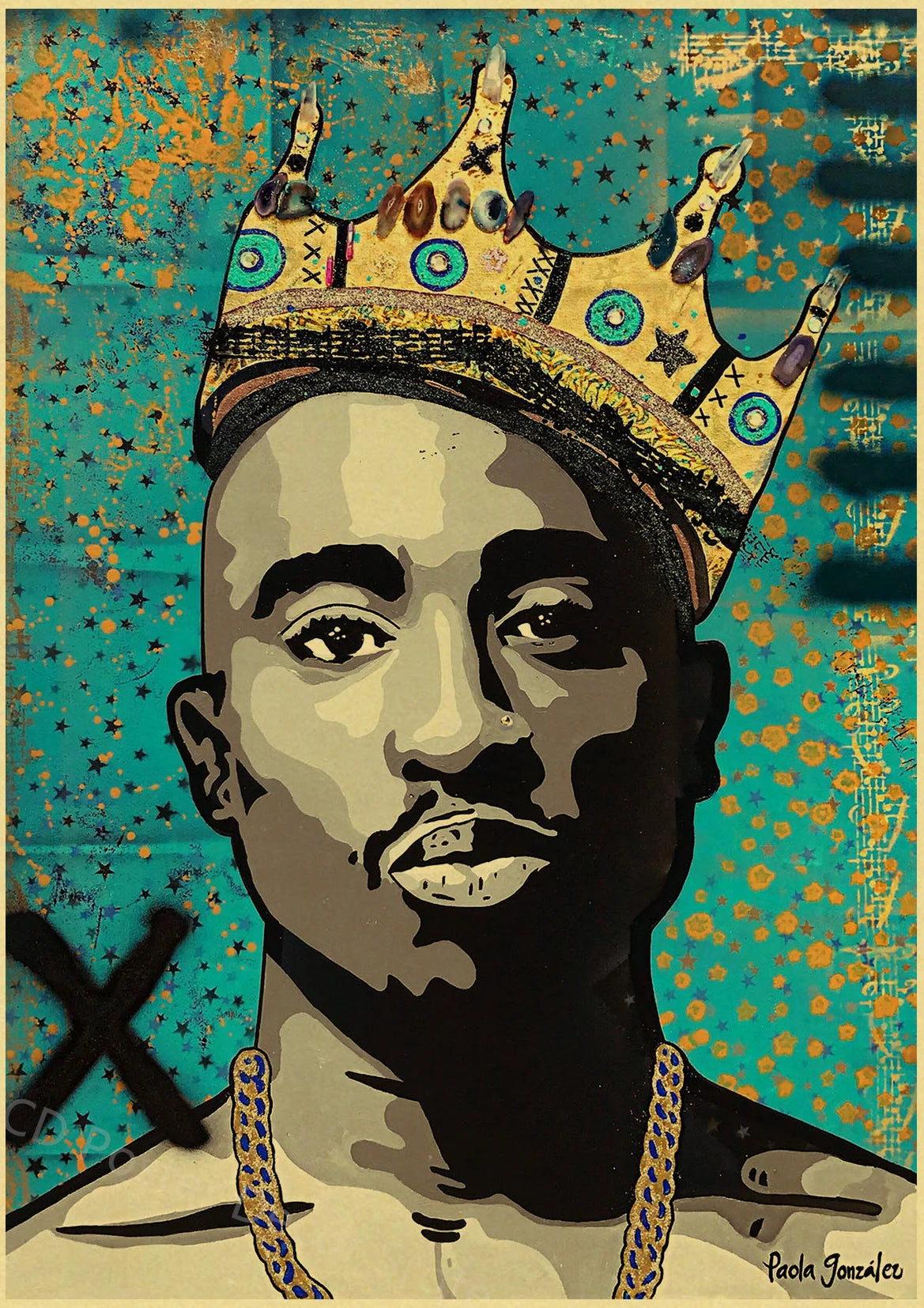 A portrait of Tupac Shakur wearing a golden crown against a teal background.