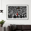 Black and white vintage basketball art print showing a crowded basketball game under bright lights