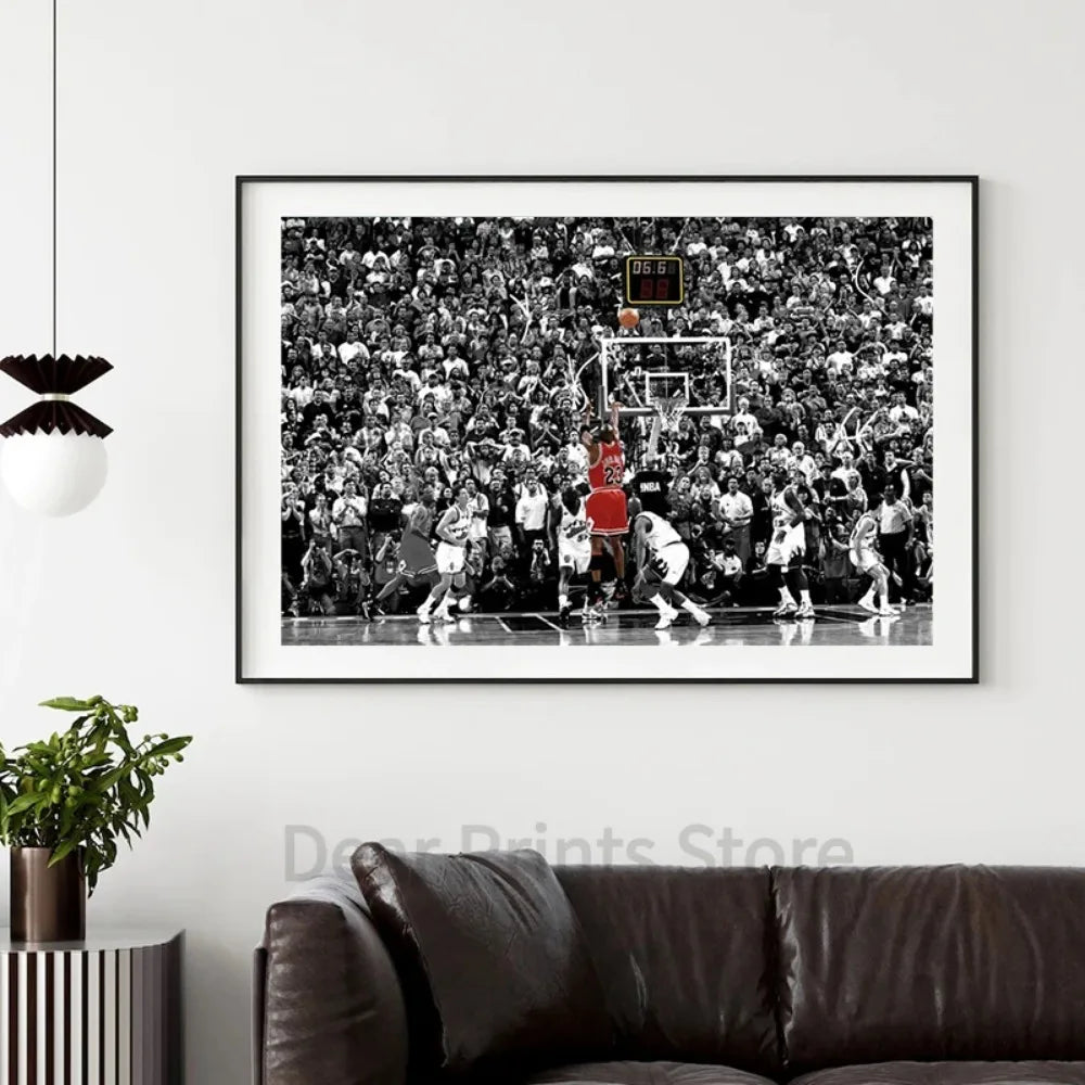 Black and white vintage basketball art print showing a crowded basketball game under bright lights