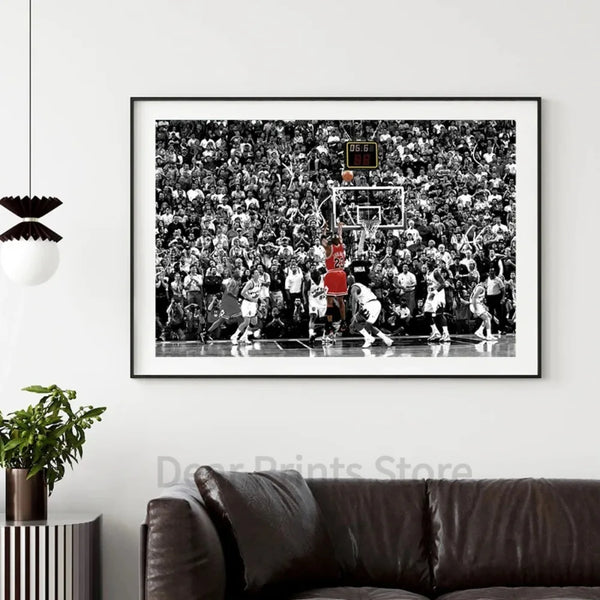 Black and white vintage basketball art print showing a crowded basketball game under bright lights