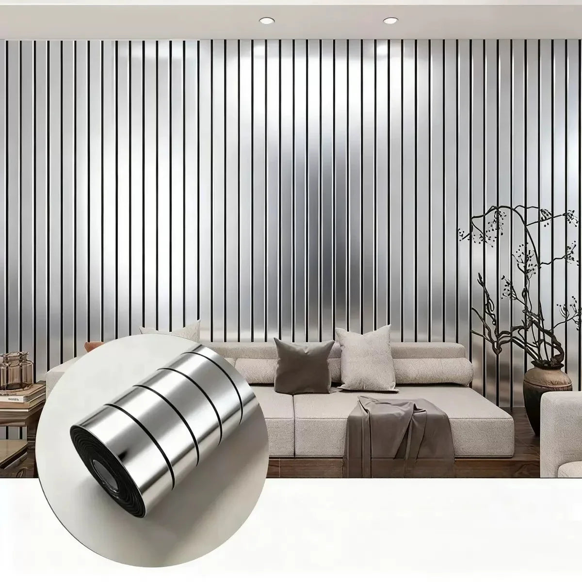 A round, silver self-adhesive mirror effect wallpaper is displayed against a modern interior wall with vertical metal slats.