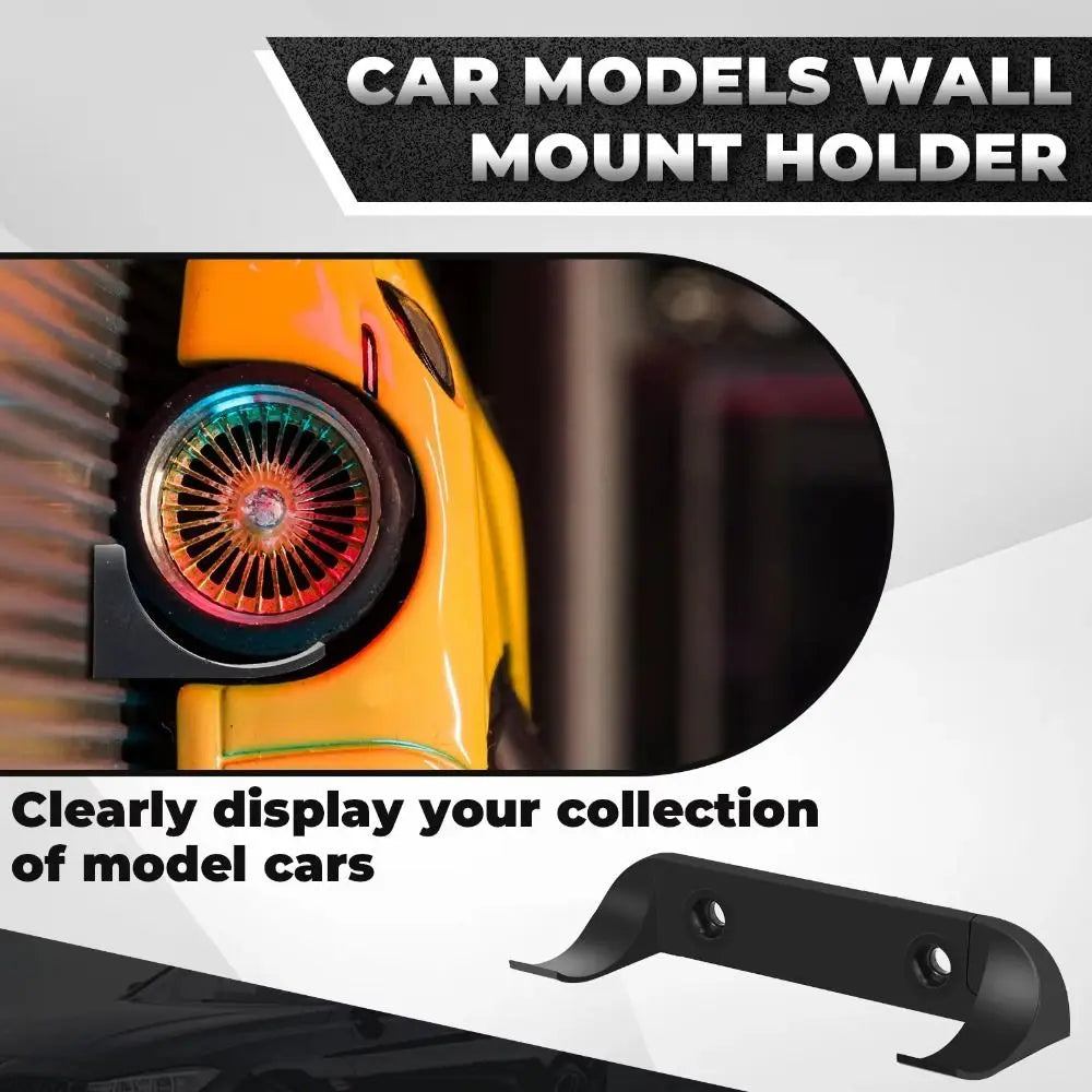 A black wall mount holder displaying a yellow die-cast car model.