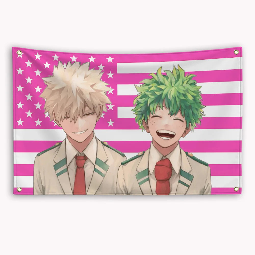 A banner featuring two anime characters resembling Bakugou Katsuki in military uniforms against a pink and white striped Amer