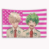A banner featuring two My Hero Academia characters, Bakugou Katsuki and another character, against a pink and white striped A