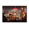 A painting depicting several dogs gathered around a table playing poker in a dimly lit room.