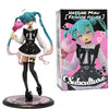 A PVC collectible figurine of Hatsune Miku with teal hair and a black dress and bow, holding a pink heart.