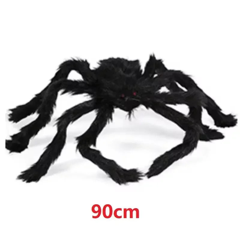 A large, black plush spider decoration used for Halloween