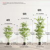 A set of artificial bamboo trees in pots shown at various heights, including 4ft, 5ft, and 6ft.