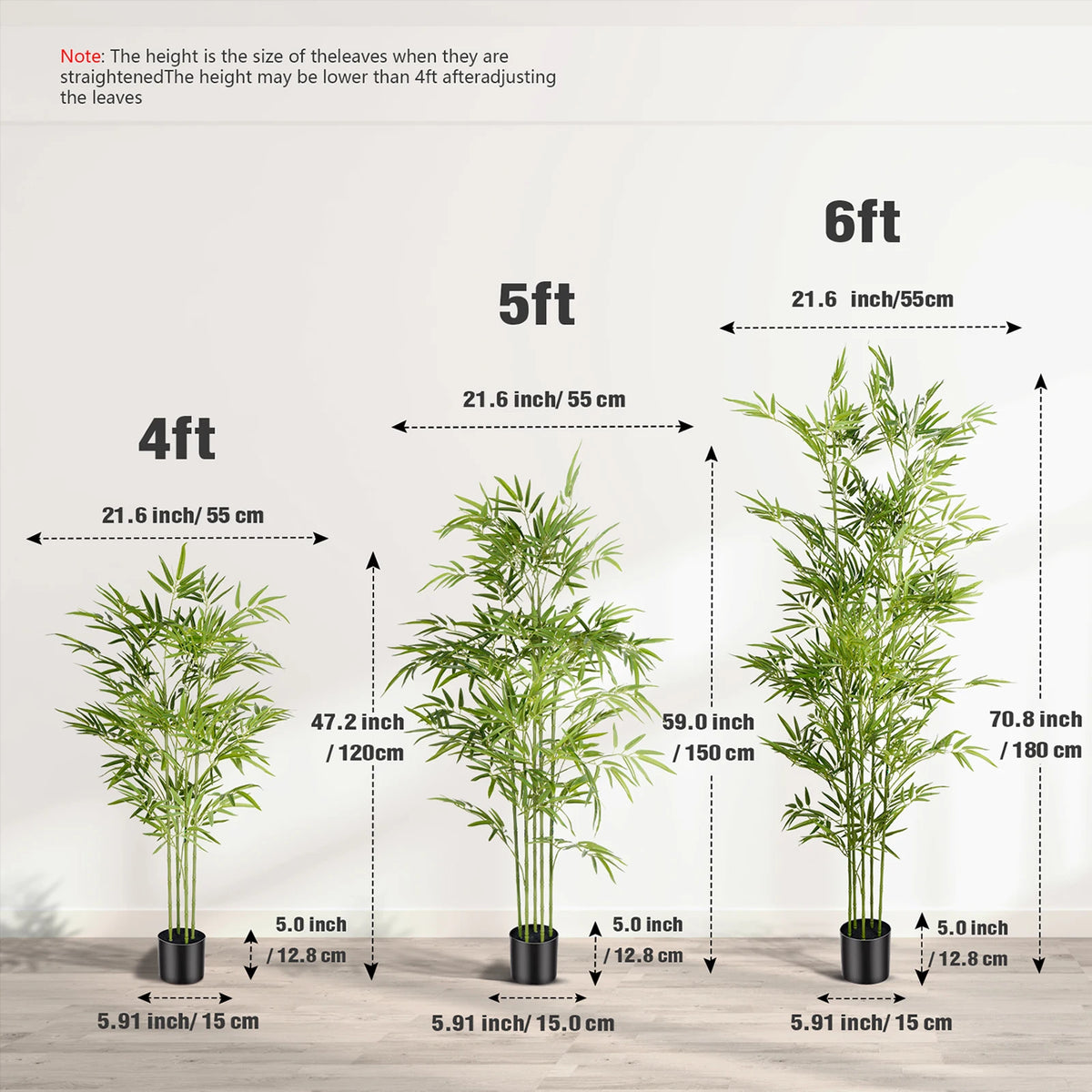 A set of artificial bamboo trees in pots shown at various heights, including 4ft, 5ft, and 6ft.