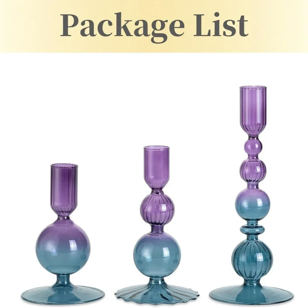 A set of three groovy wavy glass taper candle holders in shades of purple and blue.