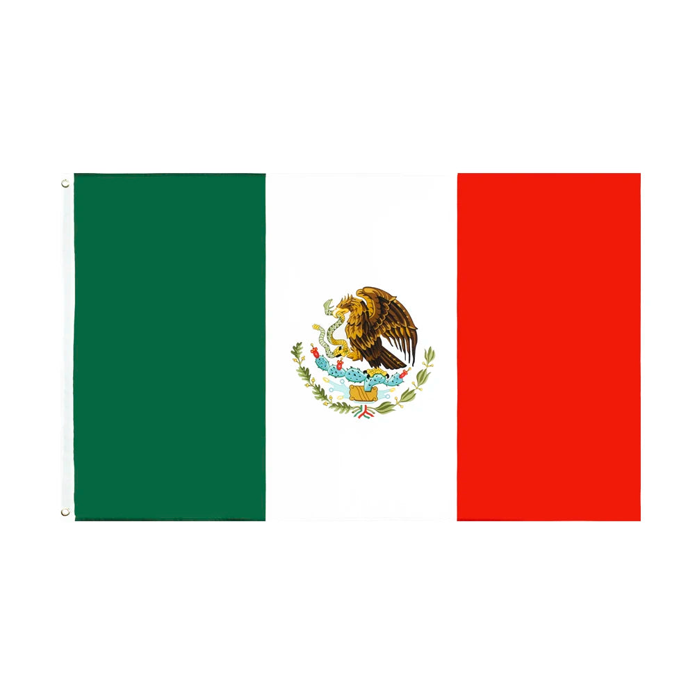A vertical display featuring three panels: green, white with a golden eagle emblem, and red.