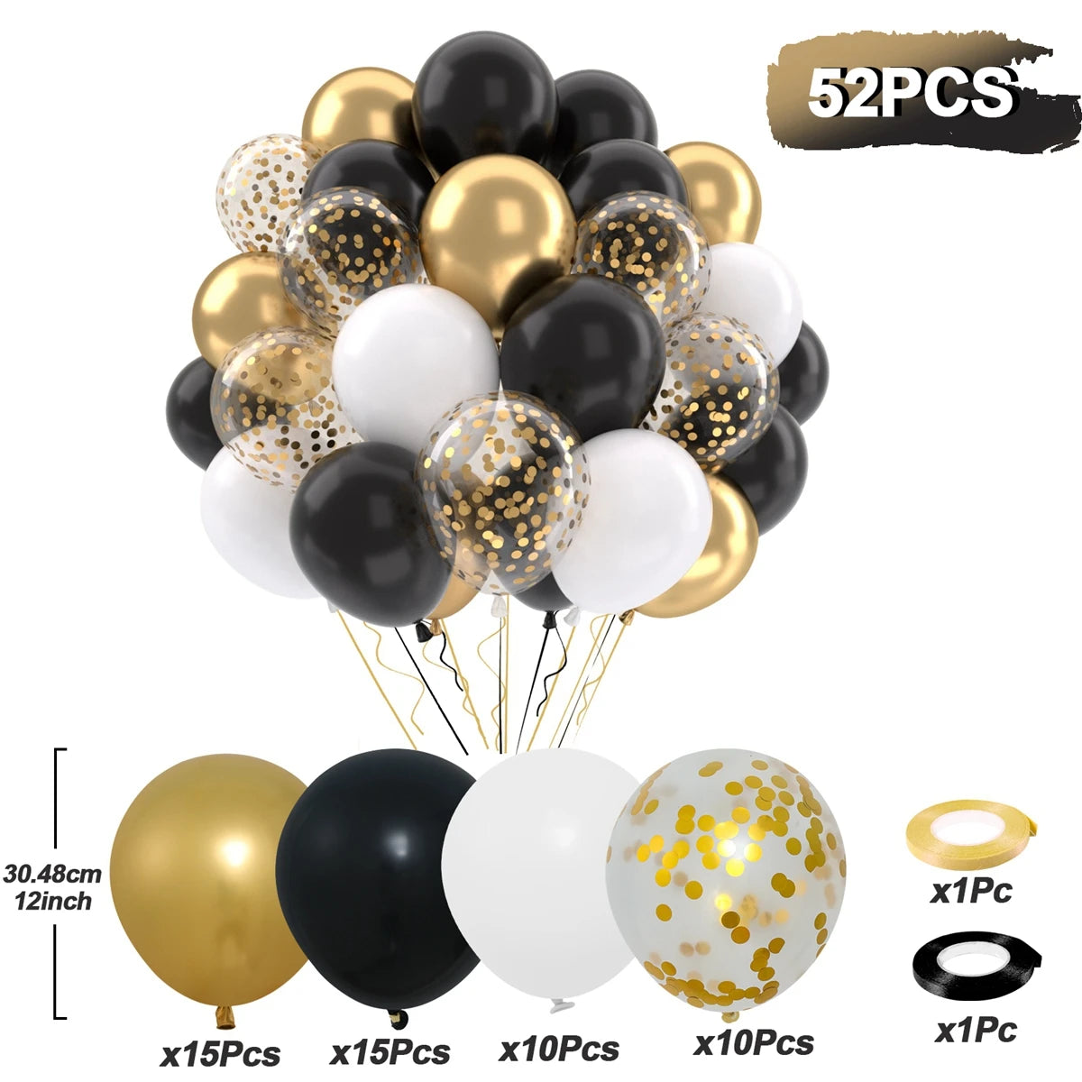 A balloon party decor kit showing various gold, black, and white balloons with metallic pearl confetti accents.