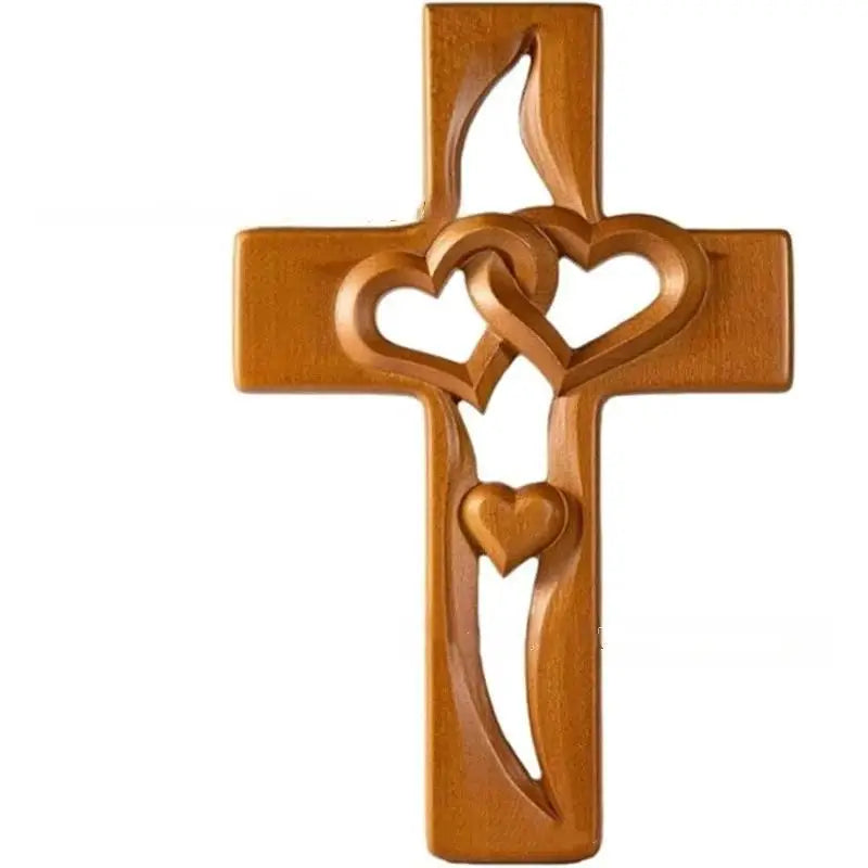 A wooden wall cross design featuring intertwined hearts carved into the shape of the cross.