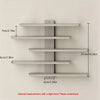 A set of four gray floating wall shelves mounted on a white wall, showing various dimensions.