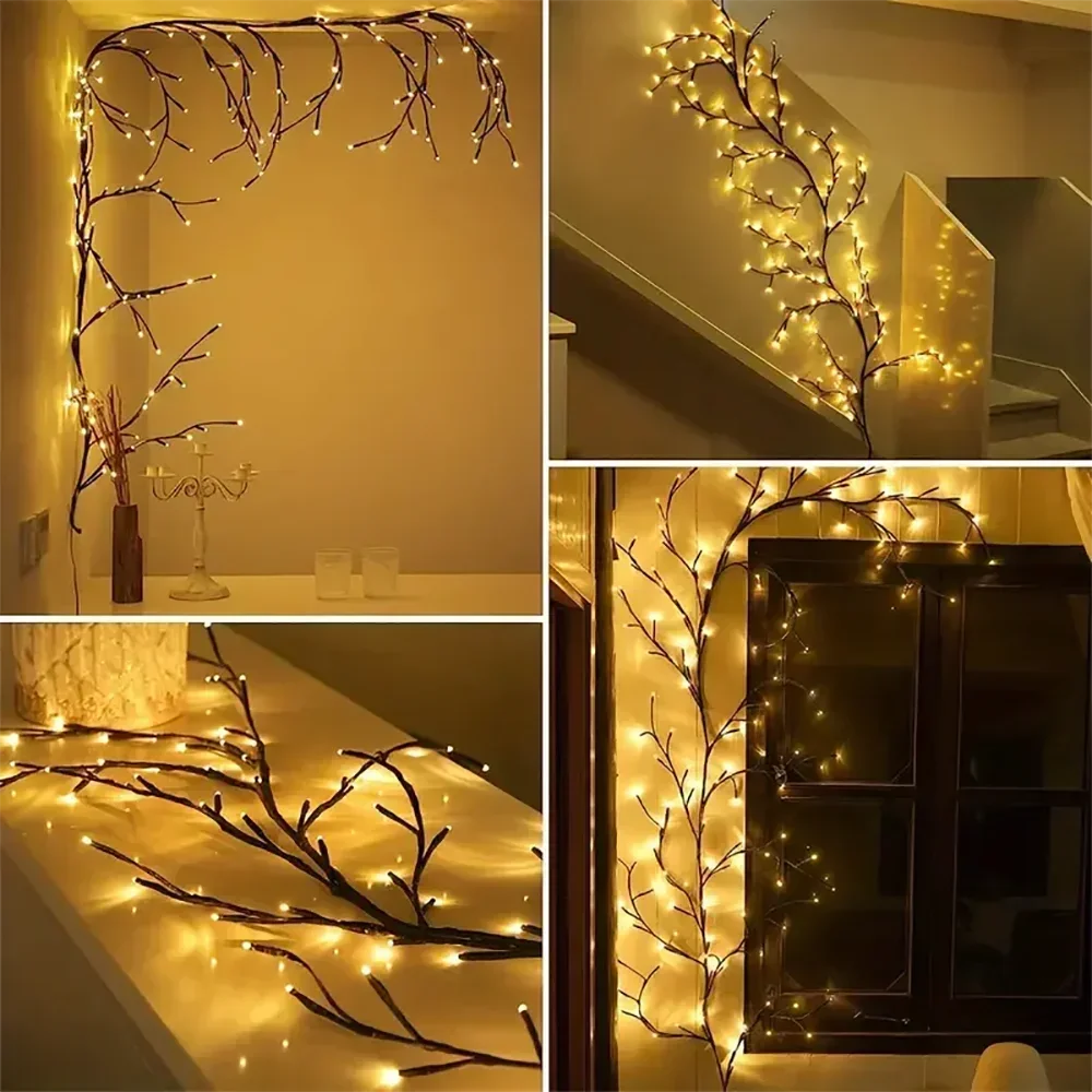 Flexible willow branch LED lights illuminating a modern interior wall and wooden cabinet.