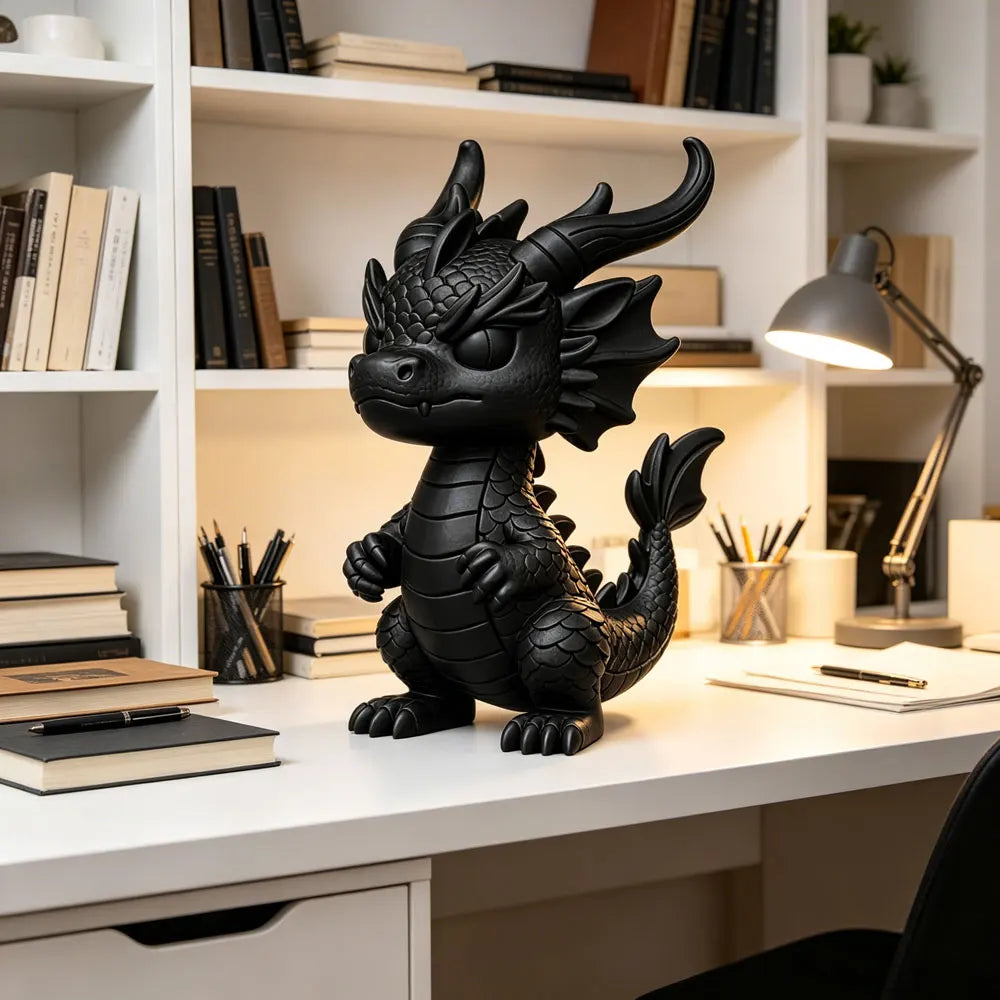 A black miniature dragon desk ornament stands on a white desk next to bookshelves.