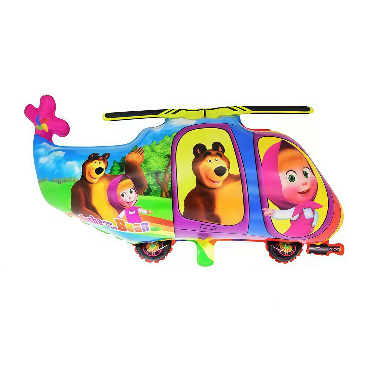 A colorful toy vehicle shaped like a train carrying characters Masha and Bear.