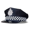 Black police officer costume hat with an octagonal silver crown and a black and white checkered band