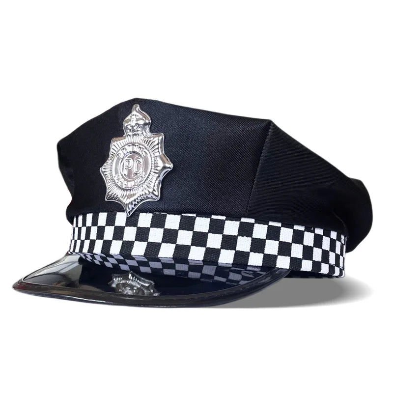 Black police officer costume hat with an octagonal silver crown and a black and white checkered band