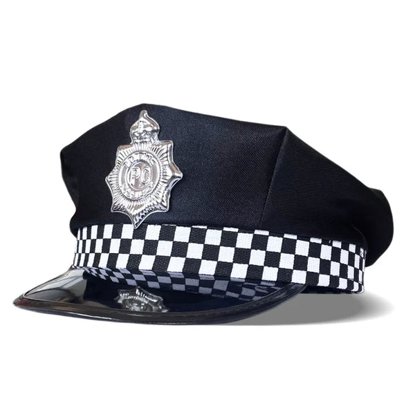 Black police officer costume hat with an octagonal silver crown and a black and white checkered band