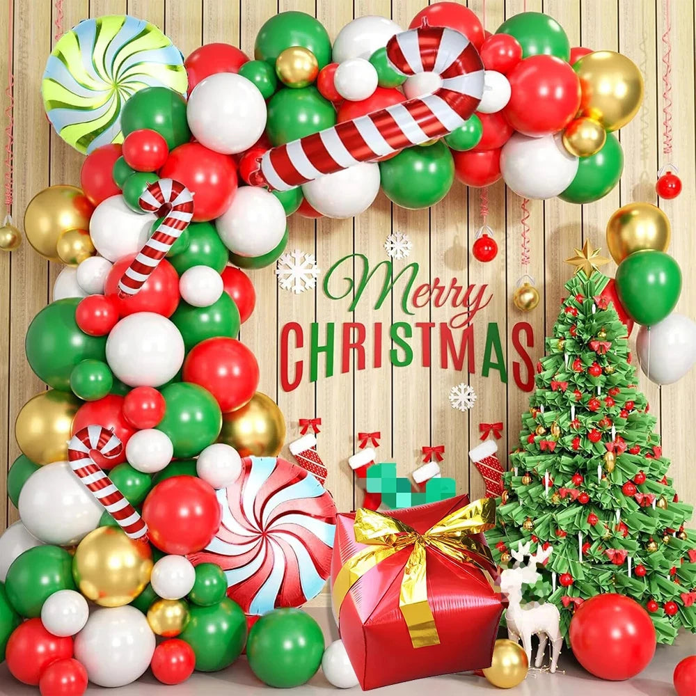 A festive Christmas tree decorated with red, green, and gold balloons and ornaments.