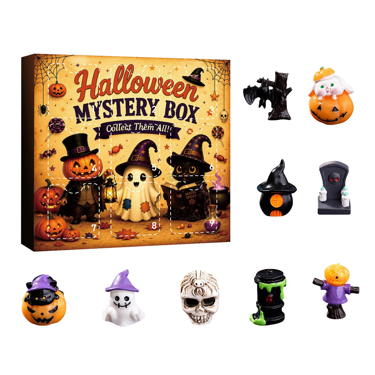 Halloween mystery box featuring various spooky resin figurines and a carved pumpkin.