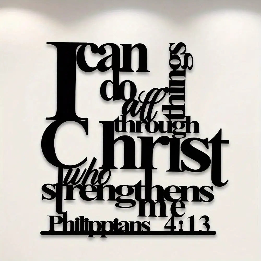 Schwarzes Metal-Wandkunstwerk mit dem Zitat: Ich kann alles durch Christus, der mich stärkt (Philippien 4:13)